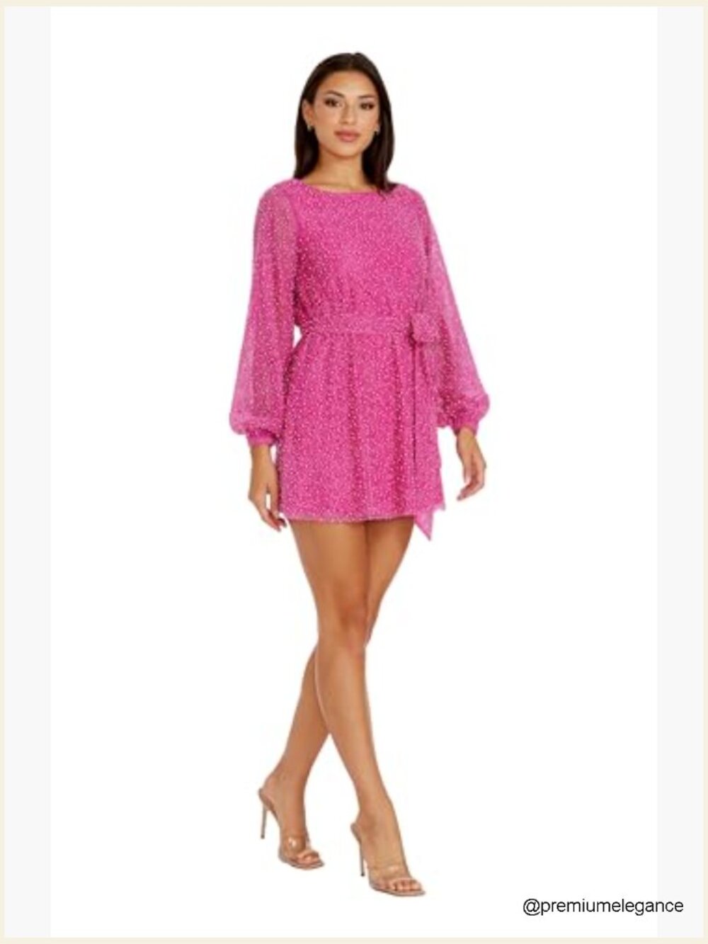 Beaded Shift Mini Dress, Long Bishop Sleeves, Zipper Closure, Nylon Blend - Picture 3 of 4